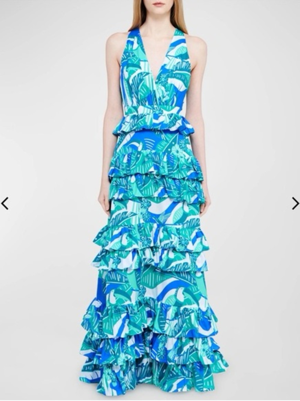 Paolita Tropical Blue Tiered Ruffle Halter Maxi Dress